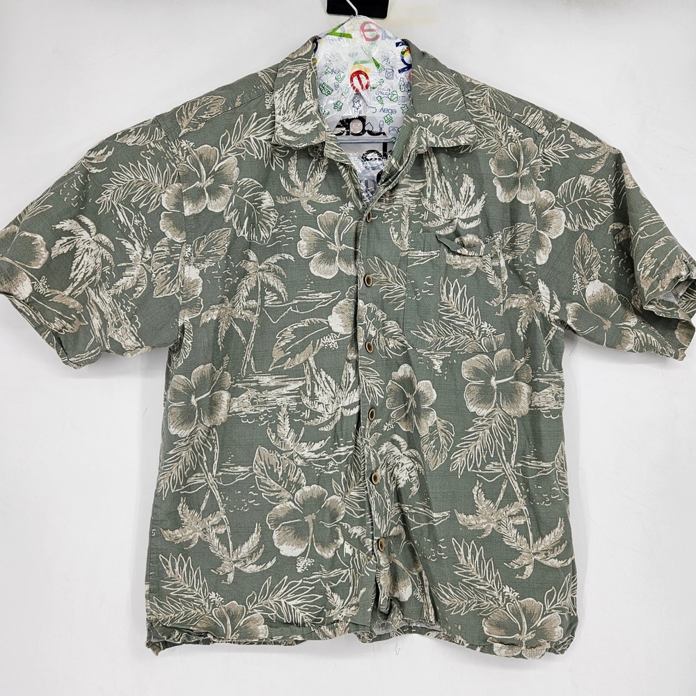 Vintage Ocean Pacific Shirt Mens Large Hawaiian Button Short Sleeve Green Floral